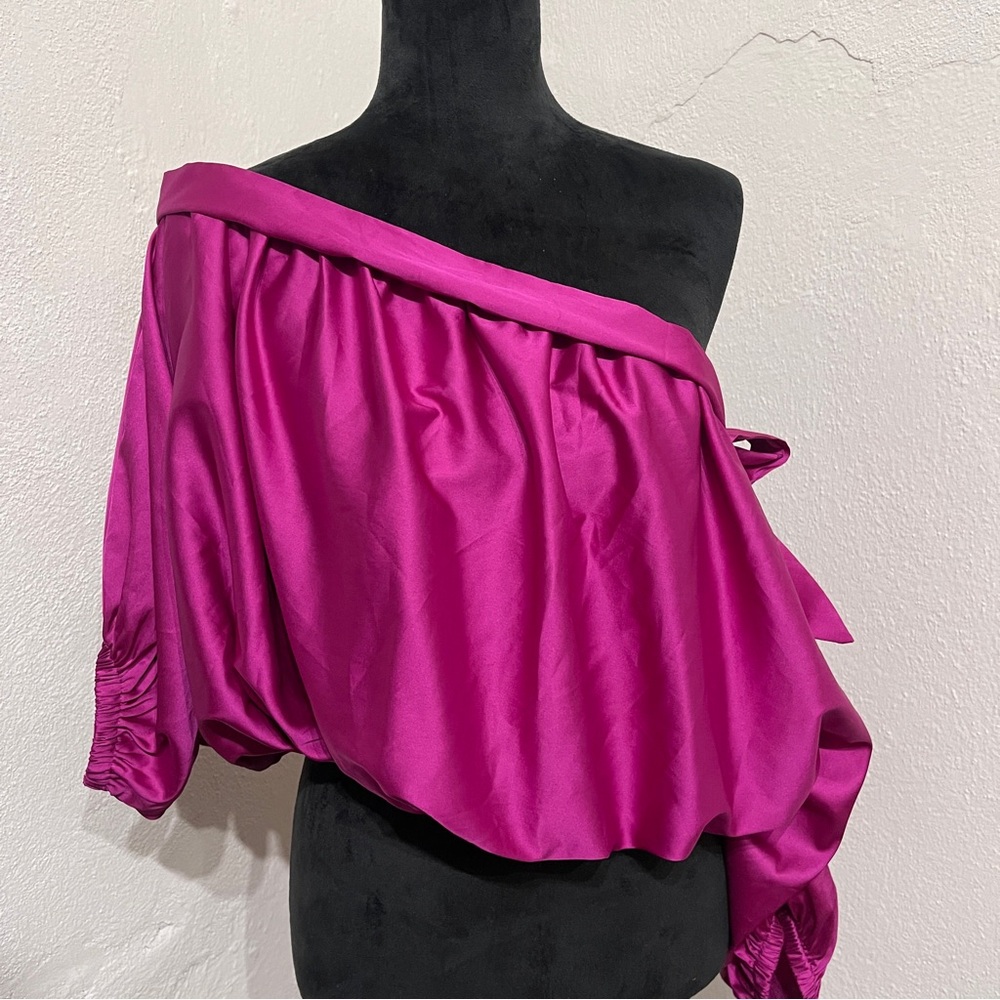Hot Pink Satin Asymmetrical Bow Blouse